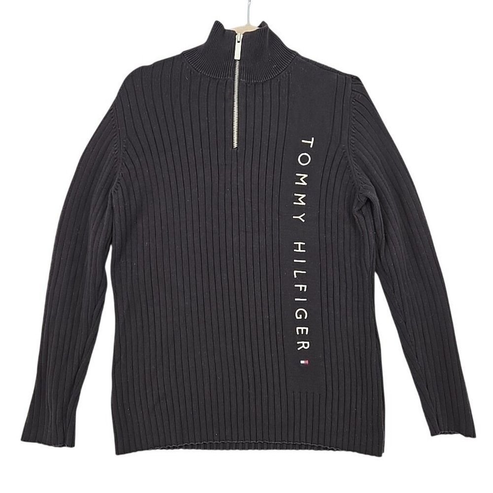 Tommy Hilfiger Womens 1X Black Ribbed 1/4 Zip Sweater 3D Embroidered Slim Fit